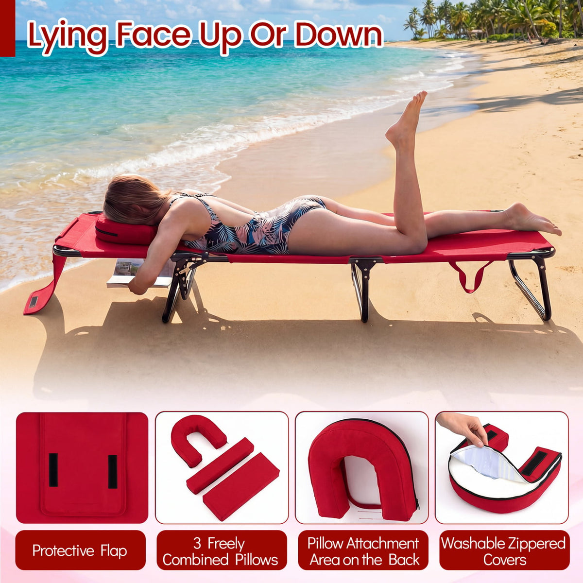 Folding Face Down Tanning Chair with Face Hole 3 Removable Pillows-Red view 6