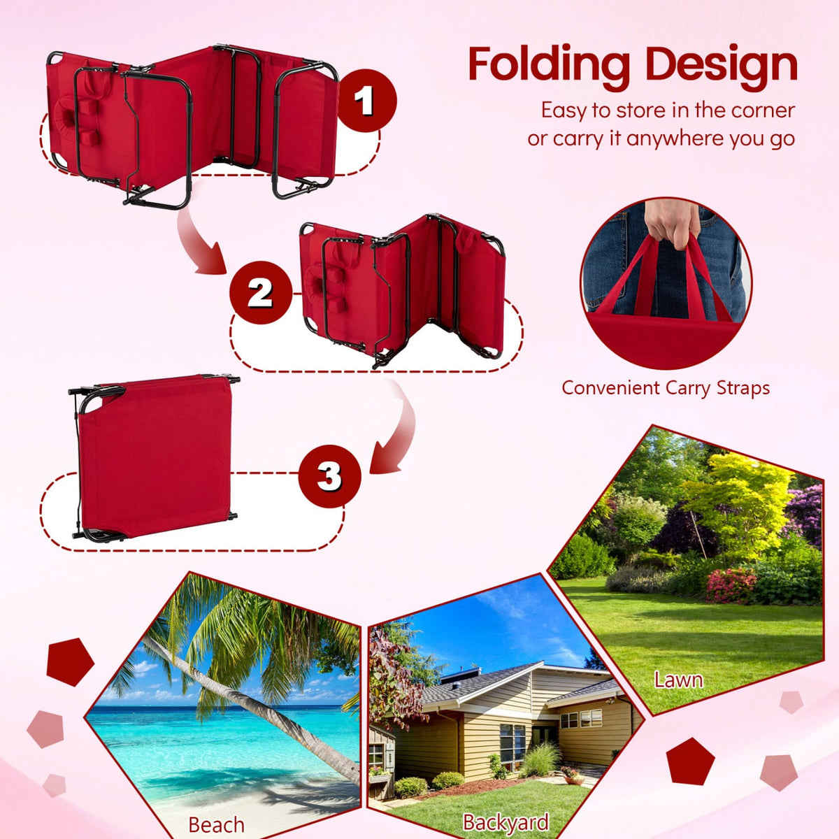 Folding Face Down Tanning Chair with Face Hole 3 Removable Pillows-Red view 7