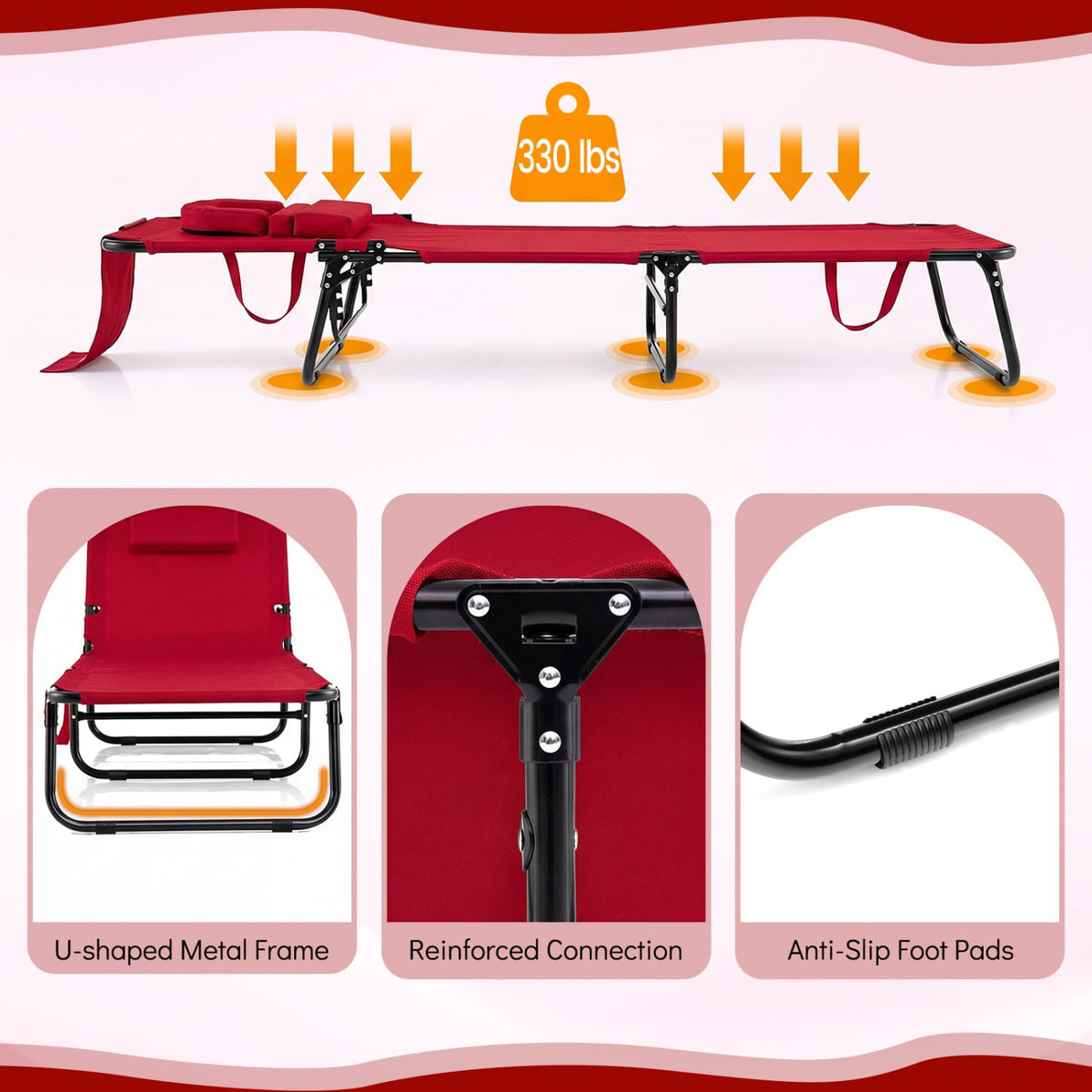 Folding Face Down Tanning Chair with Face Hole 3 Removable Pillows-Red view 4