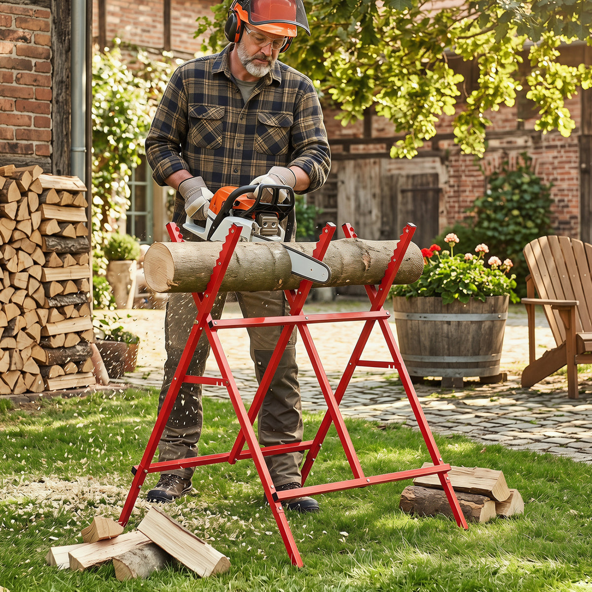 Folding Log Saw Horse with Anti-Slip Sawteeth and Non-Slip Foot Pads Heavy Duty-Red view 3