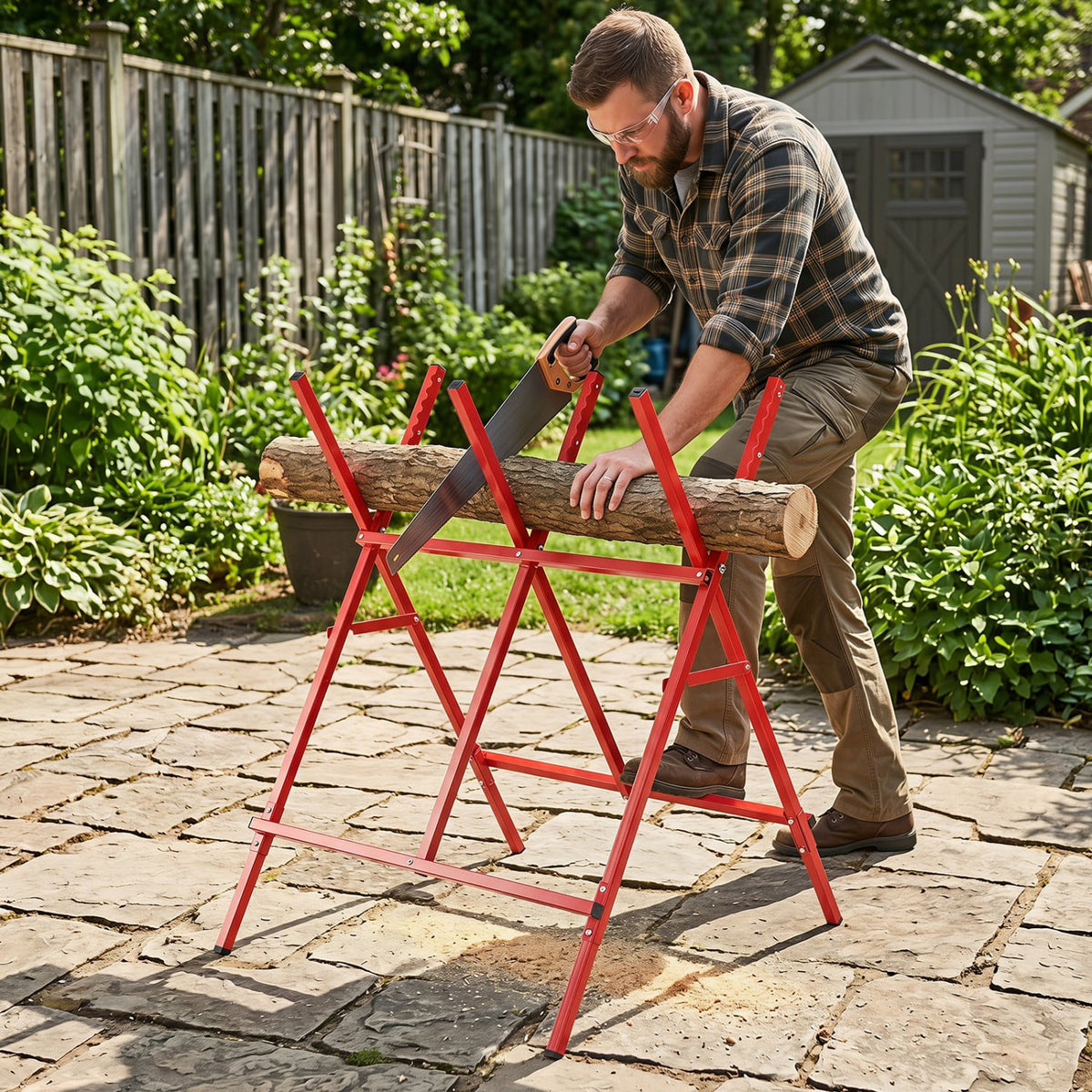 Folding Log Saw Horse with Anti-Slip Sawteeth and Non-Slip Foot Pads Heavy Duty-Red view 5