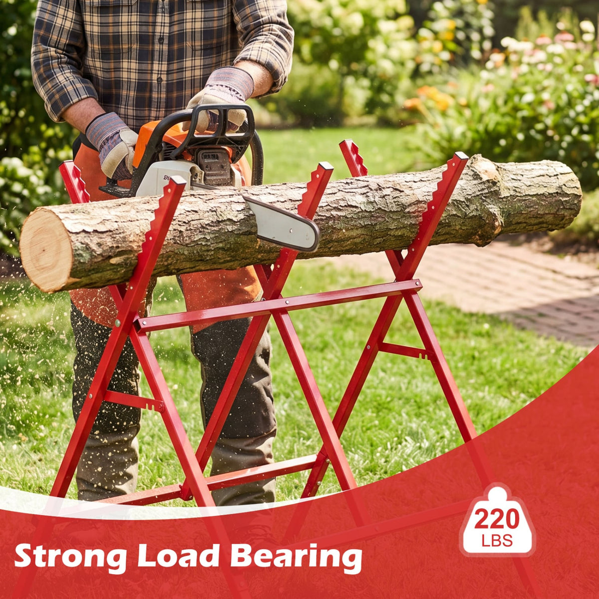 Folding Log Saw Horse with Anti-Slip Sawteeth and Non-Slip Foot Pads Heavy Duty-Red view 7
