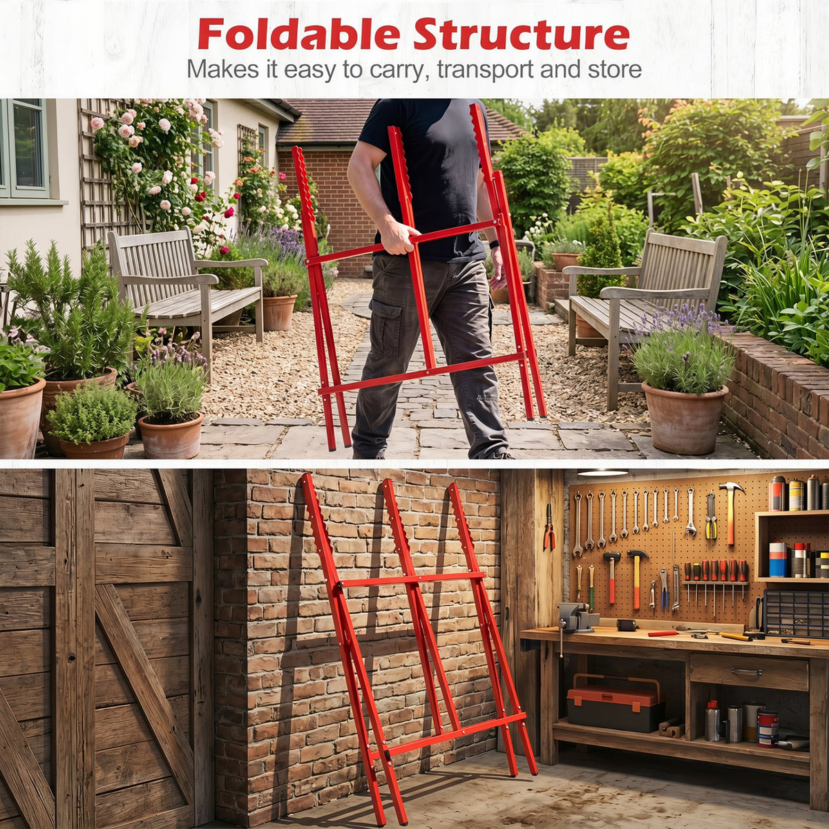 Folding Log Saw Horse with Anti-Slip Sawteeth and Non-Slip Foot Pads Heavy Duty-Red view 8