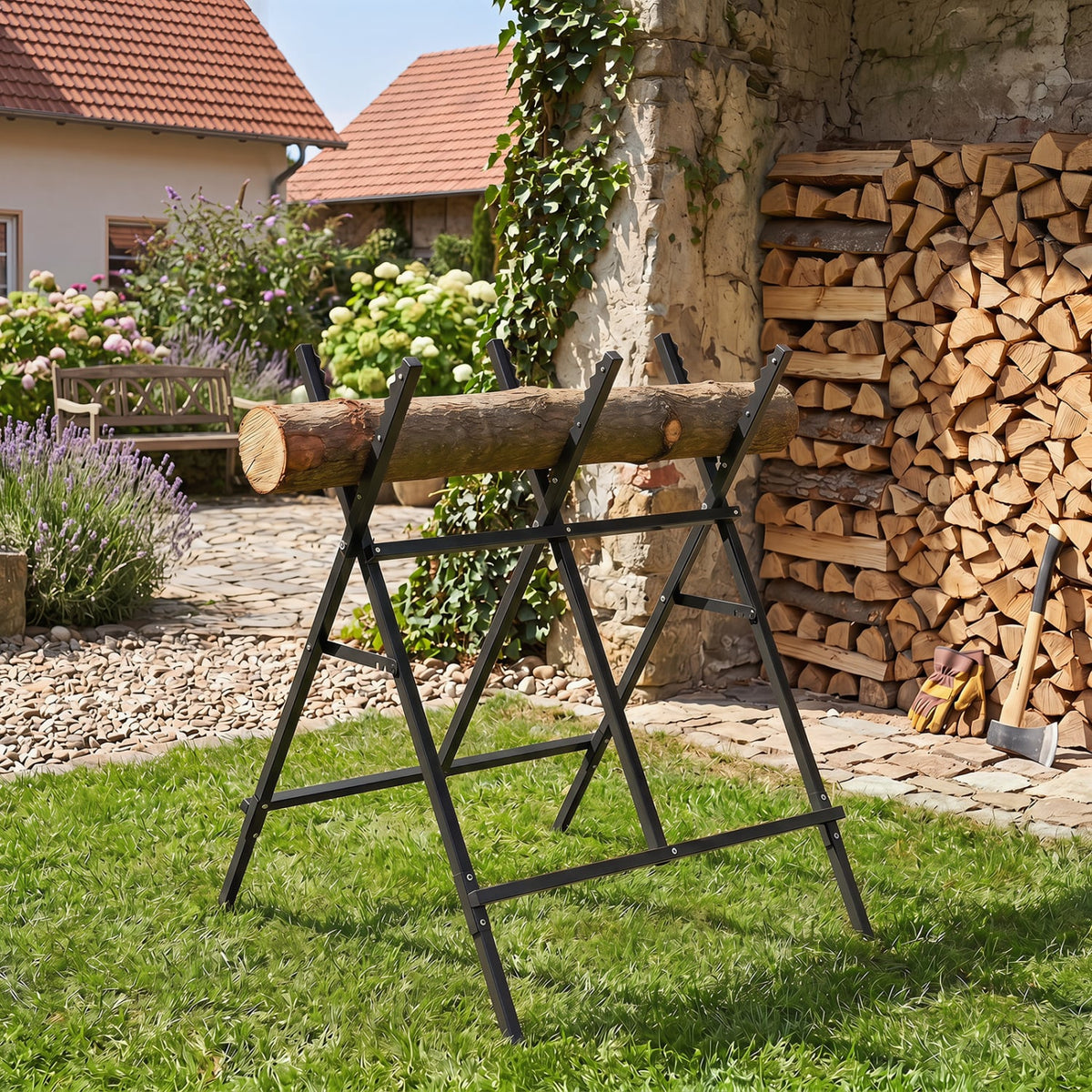 Folding Log Saw Horse with Anti-Slip Sawteeth and Non-Slip Foot Pads Heavy Duty-Black view 2