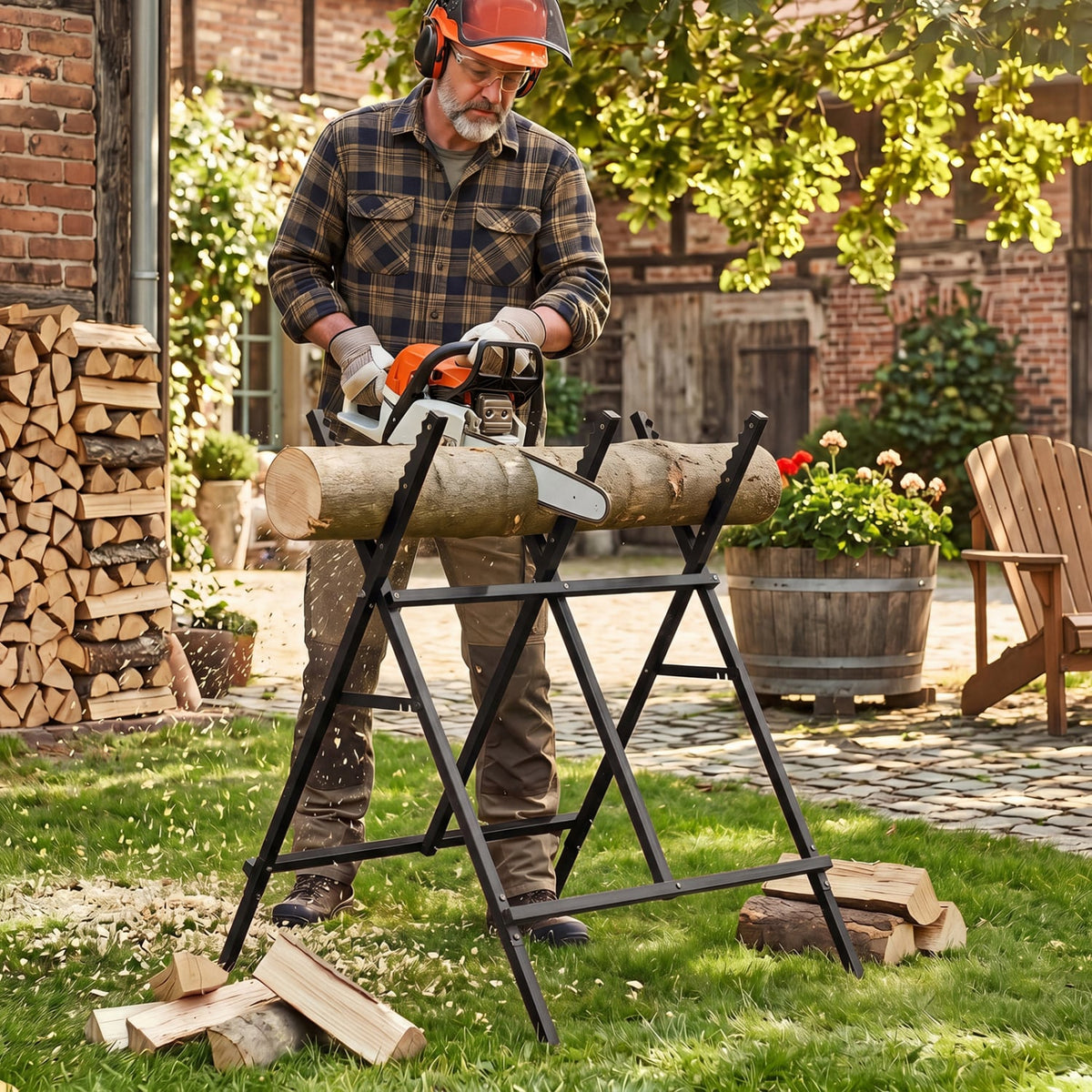 Folding Log Saw Horse with Anti-Slip Sawteeth and Non-Slip Foot Pads Heavy Duty-Black view 3