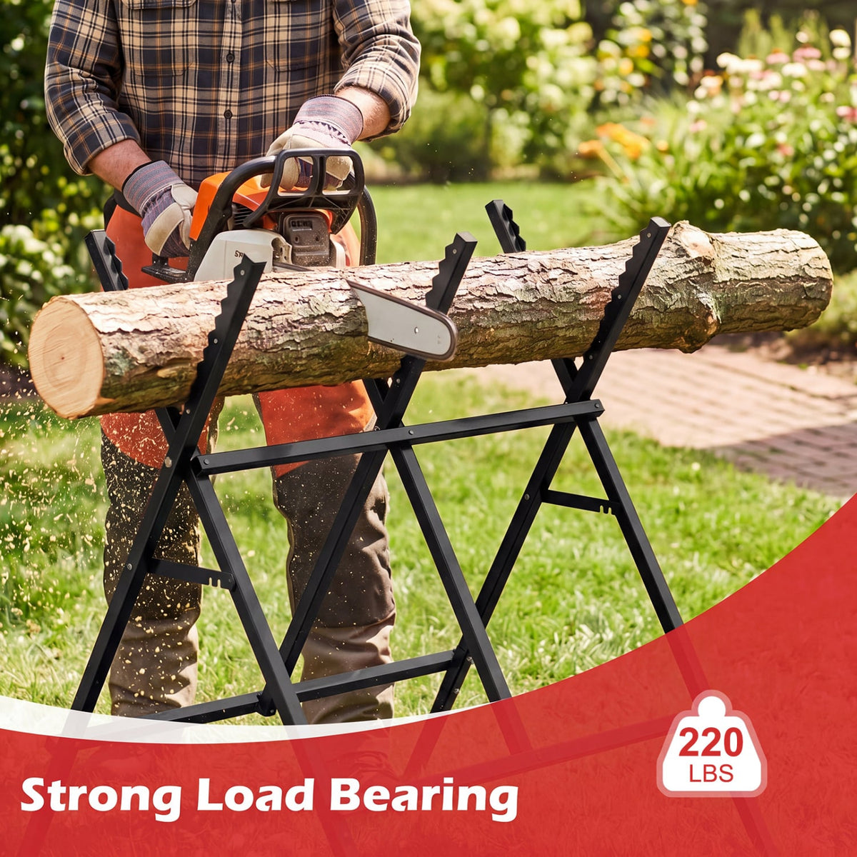 Folding Log Saw Horse with Anti-Slip Sawteeth and Non-Slip Foot Pads Heavy Duty-Black view 7