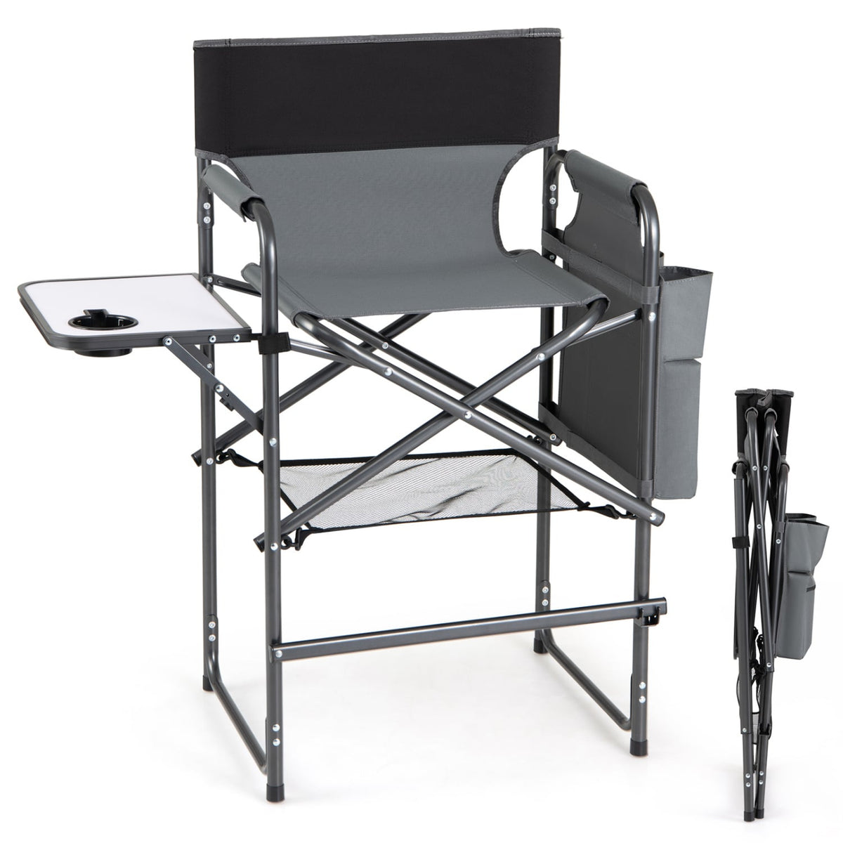Folding Tall Director Chair 26 Inch Seat Height Portable Camping Chair with Side Table-Gray