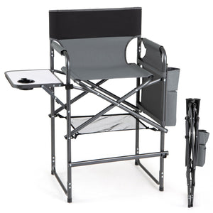 Folding Tall Director Chair 26 Inch Seat Height Portable Camping Chair with Side Table-Gray