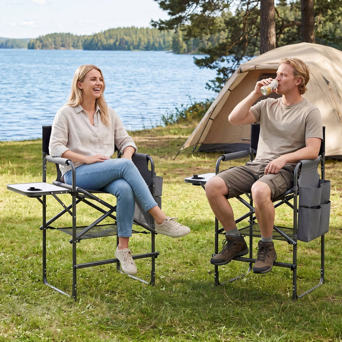 Folding Tall Director Chair 26 Inch Seat Height Portable Camping Chair with Side Table-Gray view 2