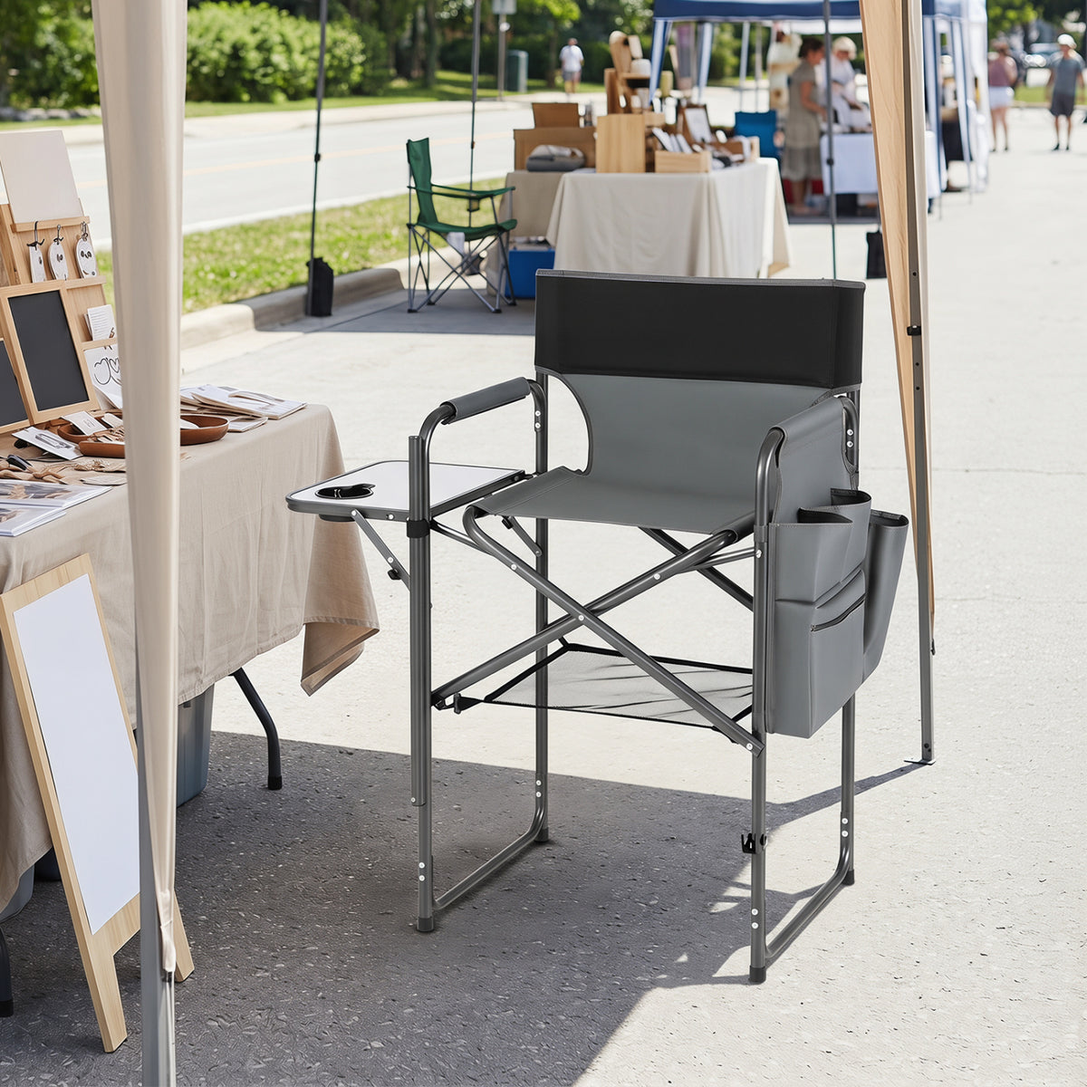 Folding Tall Director Chair 26 Inch Seat Height Portable Camping Chair with Side Table-Gray view 6