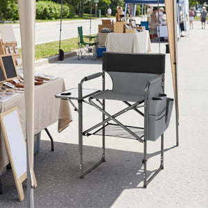 Folding Tall Director Chair 26 Inch Seat Height Portable Camping Chair with Side Table-Gray view 6