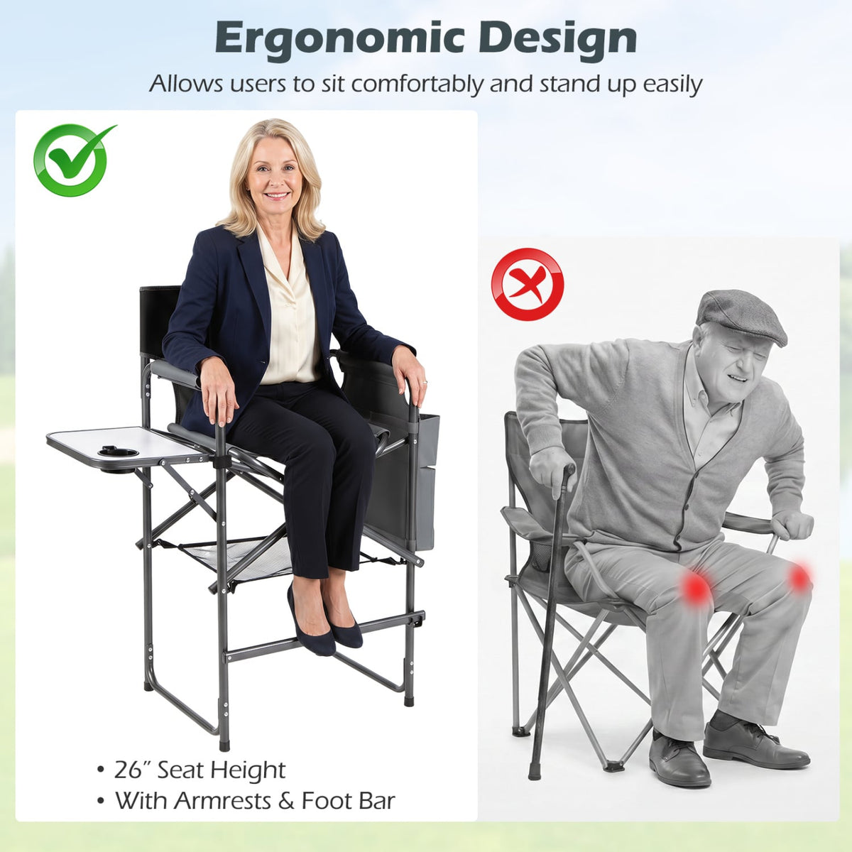 Folding Tall Director Chair 26 Inch Seat Height Portable Camping Chair with Side Table-Gray view 8