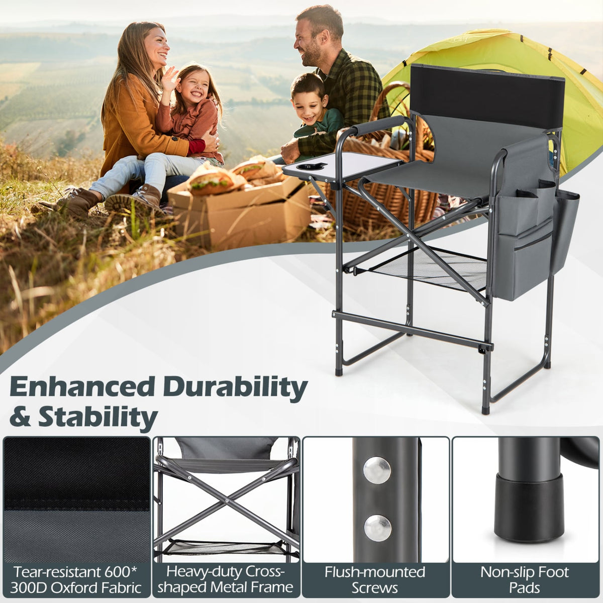 Folding Tall Director Chair 26 Inch Seat Height Portable Camping Chair with Side Table-Gray view 9