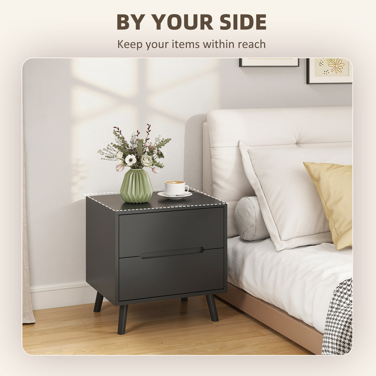 Nightstand, Bedside Table with 2 Drawers, Modern Side End Table with Solid Wood Legs for Bedroom, White – view 17
