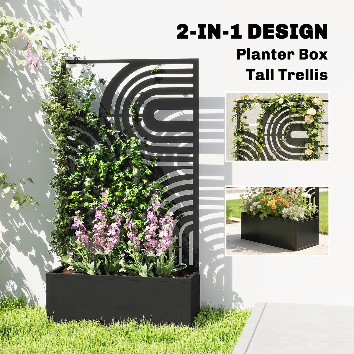 Metal Planter Box with Trellis, 44.5" Raised Garden Bed with Trellis Privacy Screen for Climbing Plants
