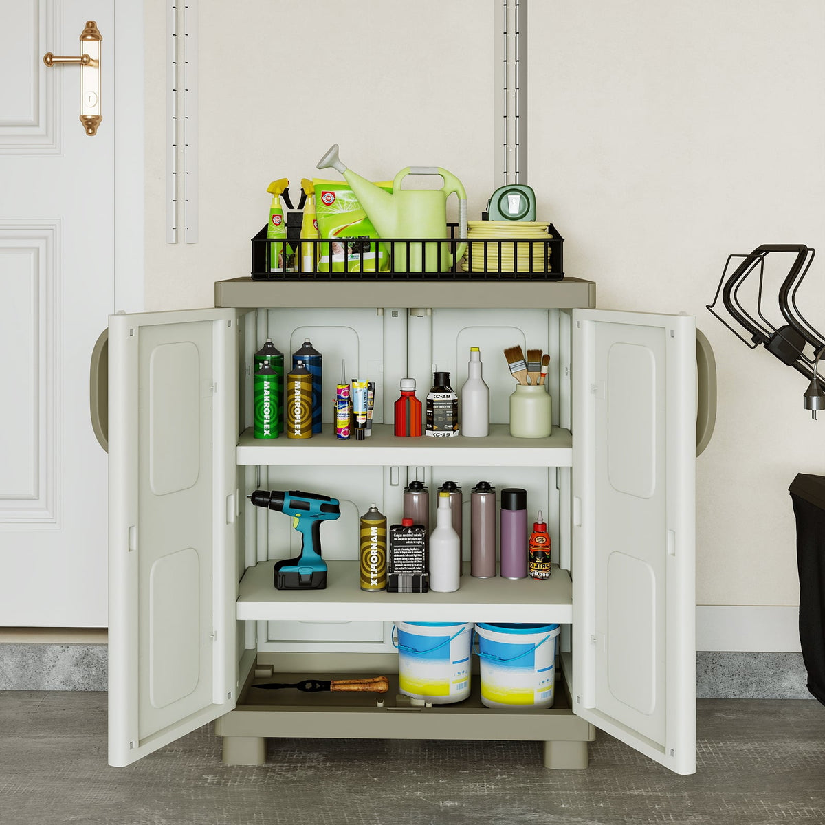Freestanding Buffet Cabinet Sideboard with 2 Doors and Adjustable Shelves for Kitchen and Garage-Beige view 3