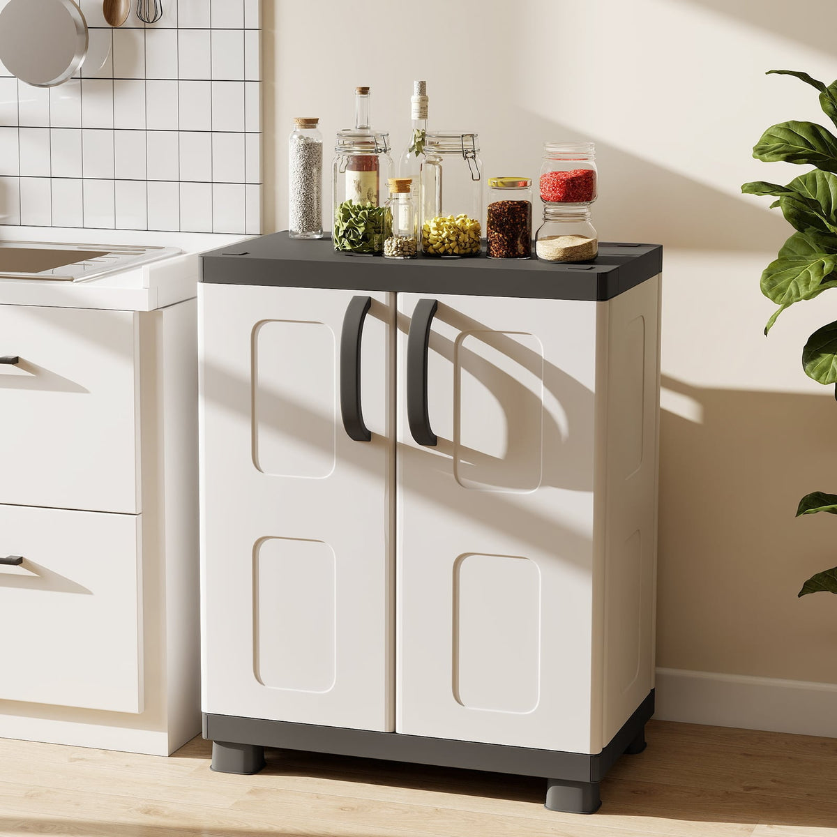 Freestanding Buffet Cabinet Sideboard with 2 Doors and Adjustable Shelves for Kitchen and Garage-Gray view 2