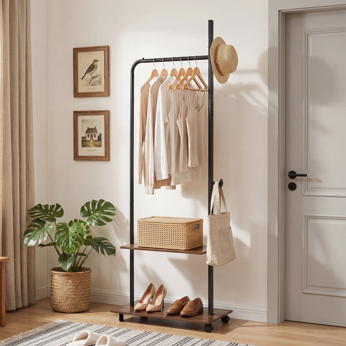 Freestanding Clothing Rack with Wheels and Storage Shelves for Entryway and Bedroom-Rustic Brown view 2