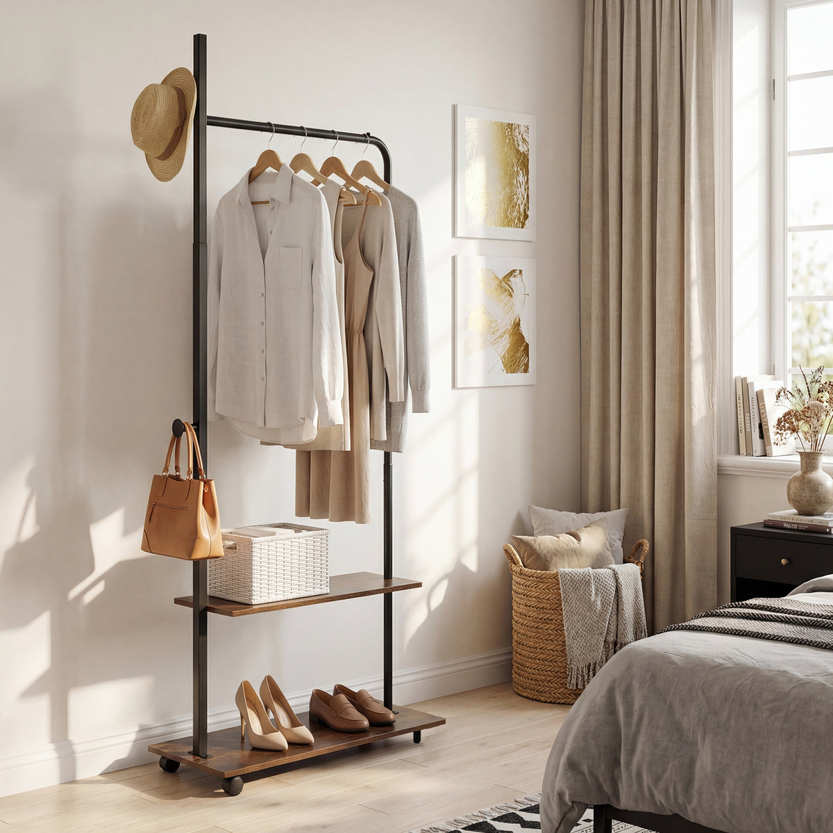 Freestanding Clothing Rack with Wheels and Storage Shelves for Entryway and Bedroom-Rustic Brown view 3