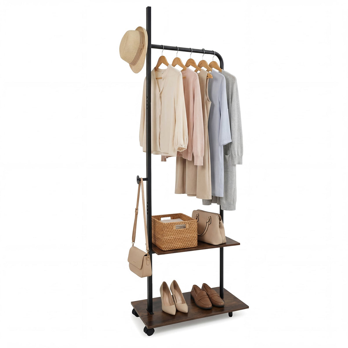 Freestanding Clothing Rack with Wheels and Storage Shelves for Entryway and Bedroom-Rustic Brown