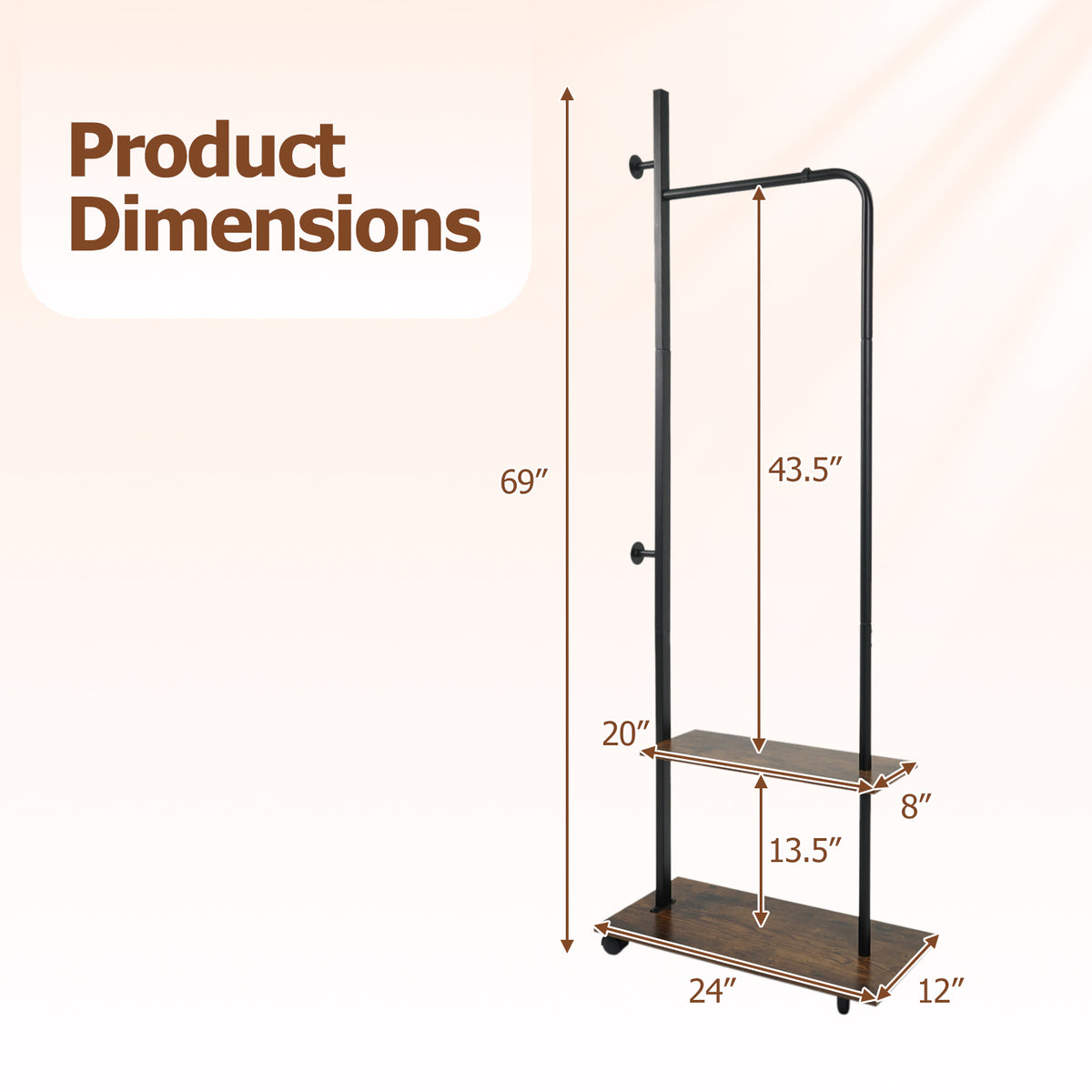 Freestanding Clothing Rack with Wheels and Storage Shelves for Entryway and Bedroom-Rustic Brown view 5