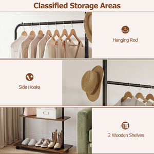 Freestanding Clothing Rack with Wheels and Storage Shelves for Entryway and Bedroom-Rustic Brown view 8