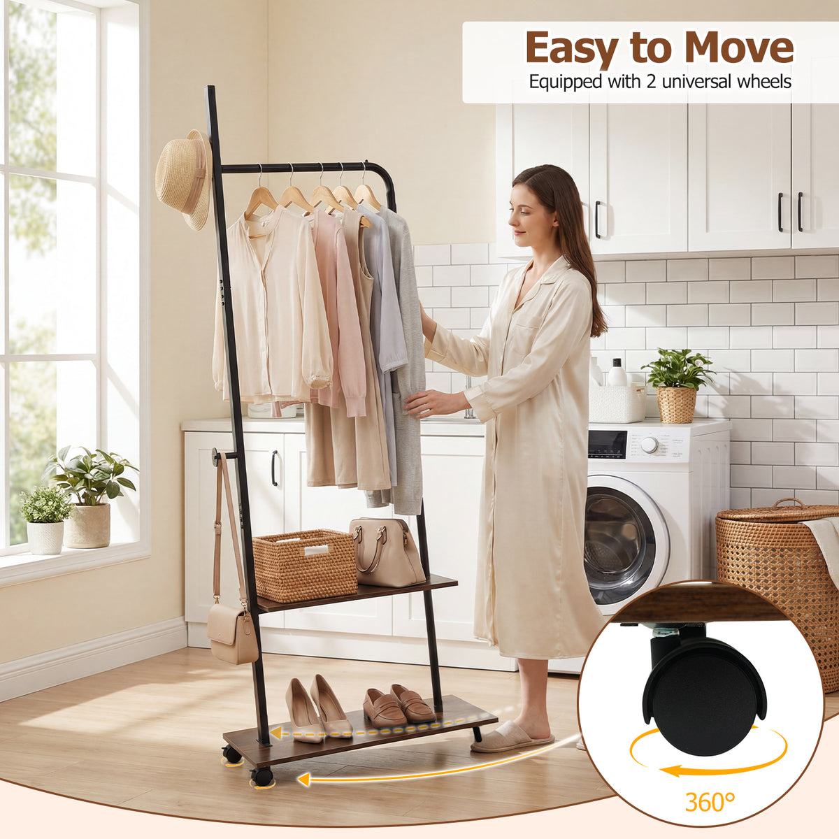 Freestanding Clothing Rack with Wheels and Storage Shelves for Entryway and Bedroom-Rustic Brown view 9