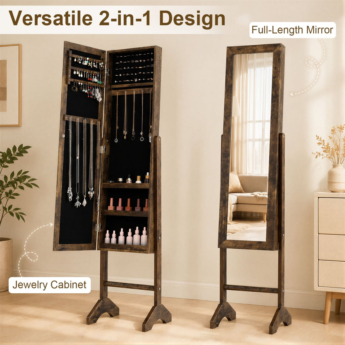 Freestanding Jewelry Armoire with Velvet Lining and Full Length Mirror-Brown view 6