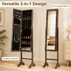 Freestanding Jewelry Armoire with Velvet Lining and Full Length Mirror-Brown view 6