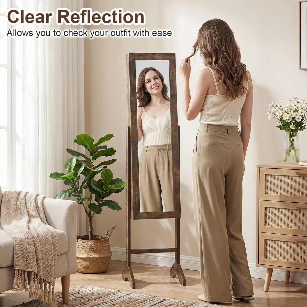 Freestanding Jewelry Armoire with Velvet Lining and Full Length Mirror-Brown view 7