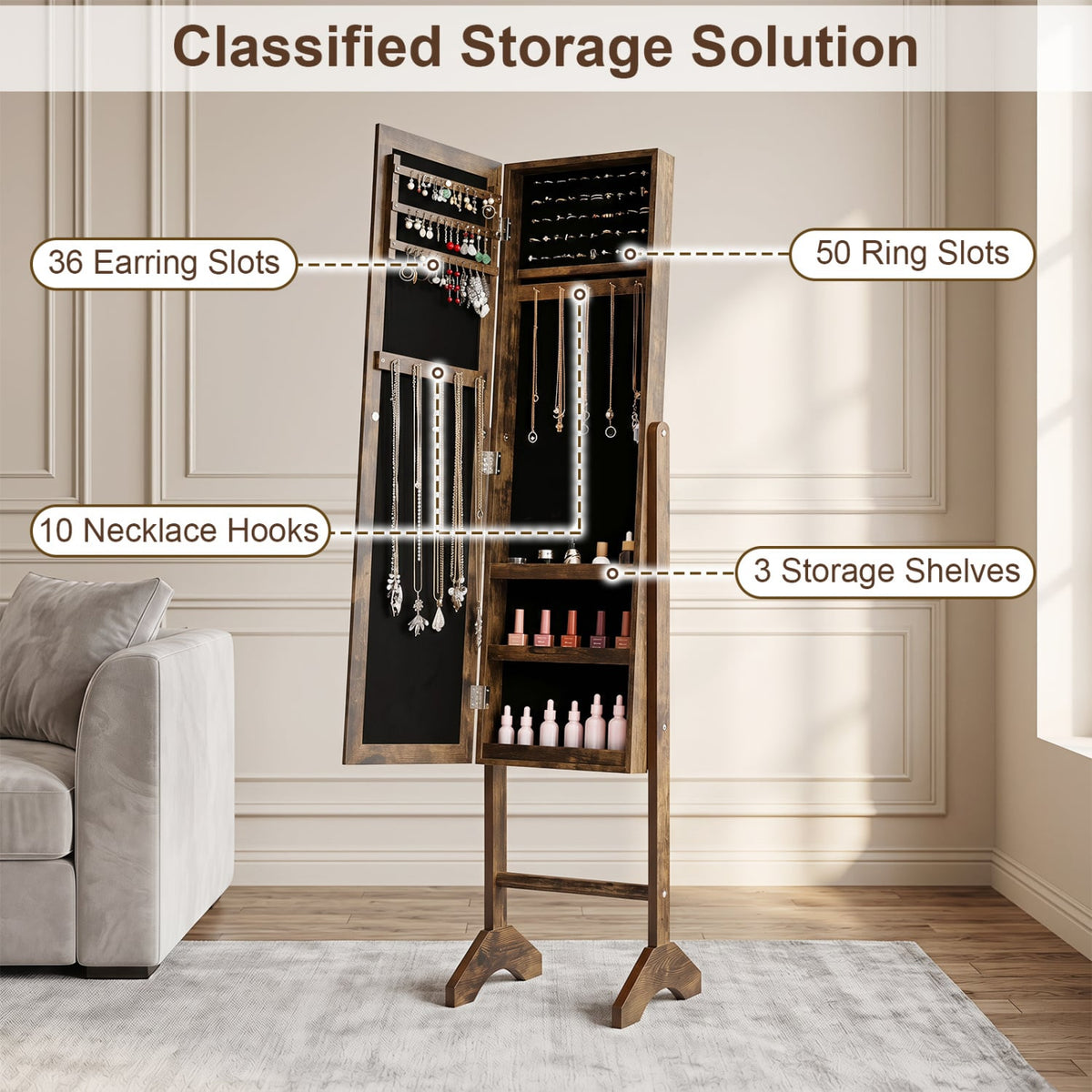 Freestanding Jewelry Armoire with Velvet Lining and Full Length Mirror-Brown view 8