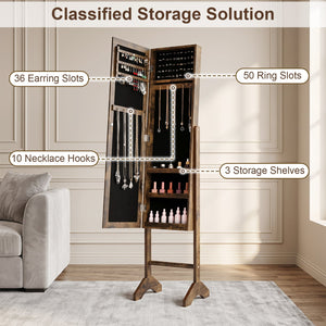 Freestanding Jewelry Armoire with Velvet Lining and Full Length Mirror-Brown view 8