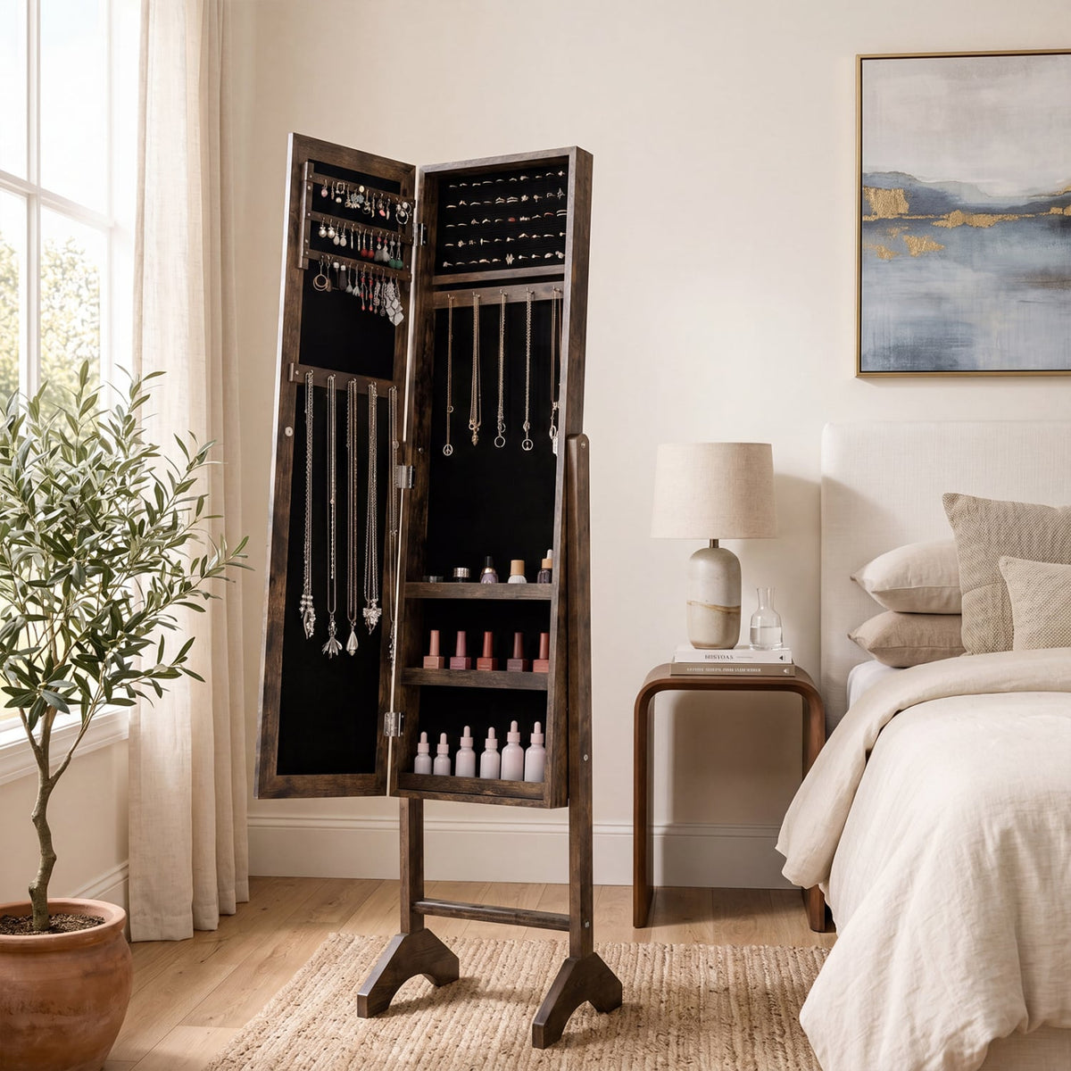Freestanding Jewelry Armoire with Velvet Lining and Full Length Mirror-Brown view 2