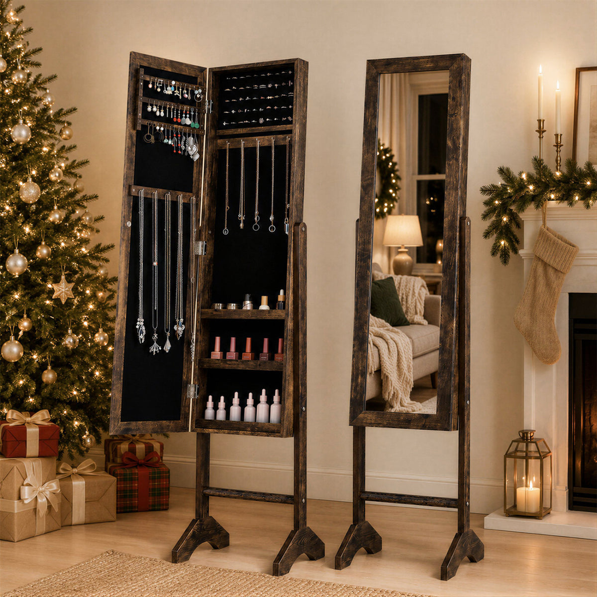 Freestanding Jewelry Armoire with Velvet Lining and Full Length Mirror-Brown view 5