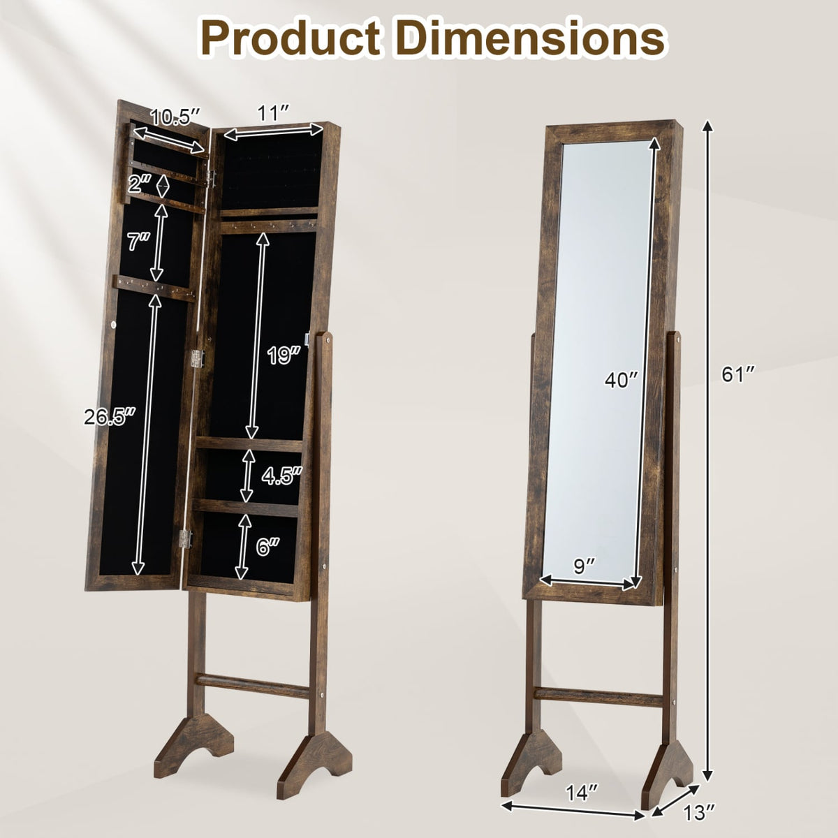 Freestanding Jewelry Armoire with Velvet Lining and Full Length Mirror-Brown view 4