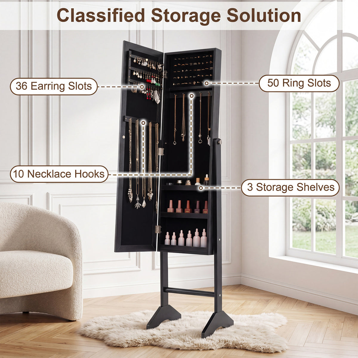 Freestanding Jewelry Armoire with Velvet Lining and Full Length Mirror-Black view 8