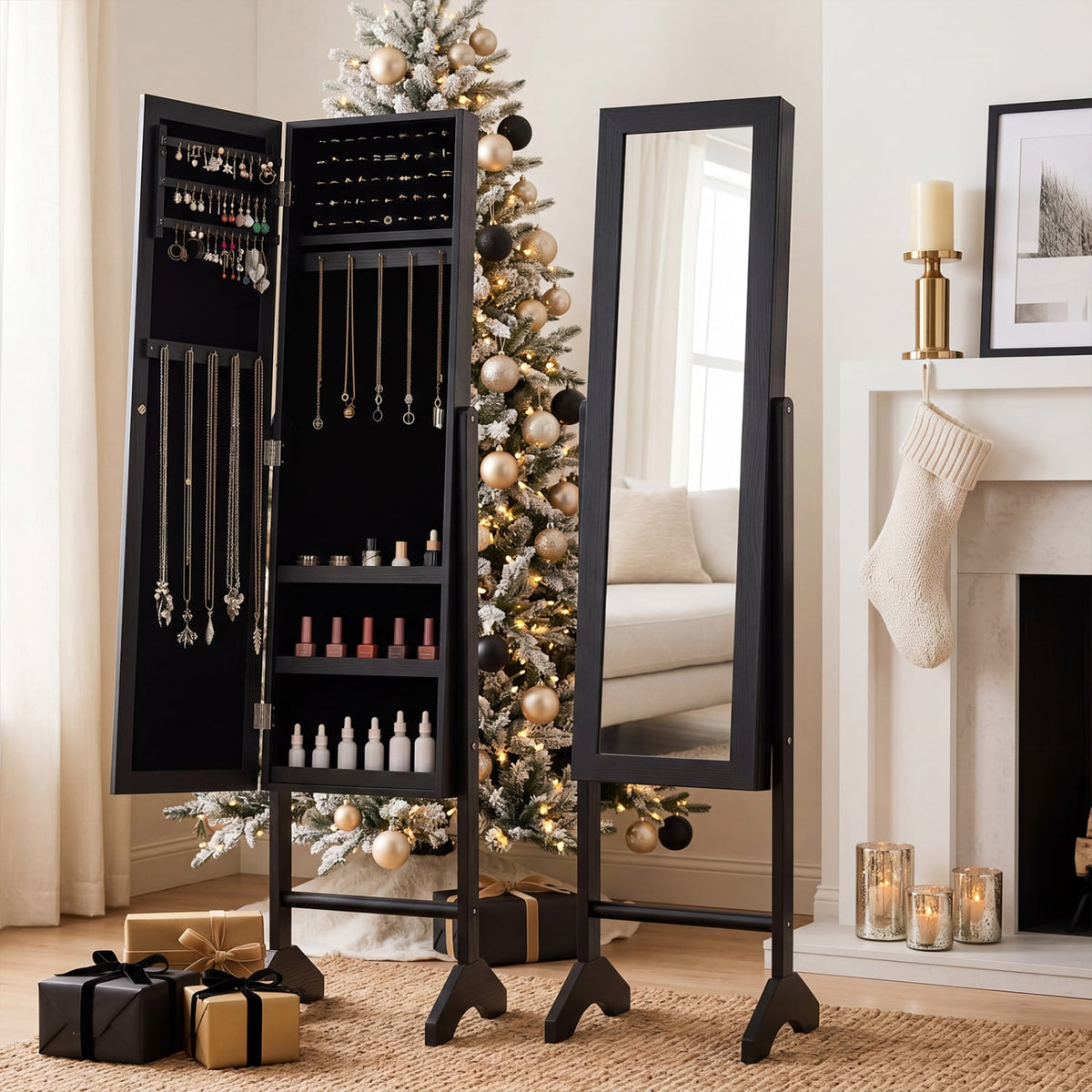 Freestanding Jewelry Armoire with Velvet Lining and Full Length Mirror-Black view 2