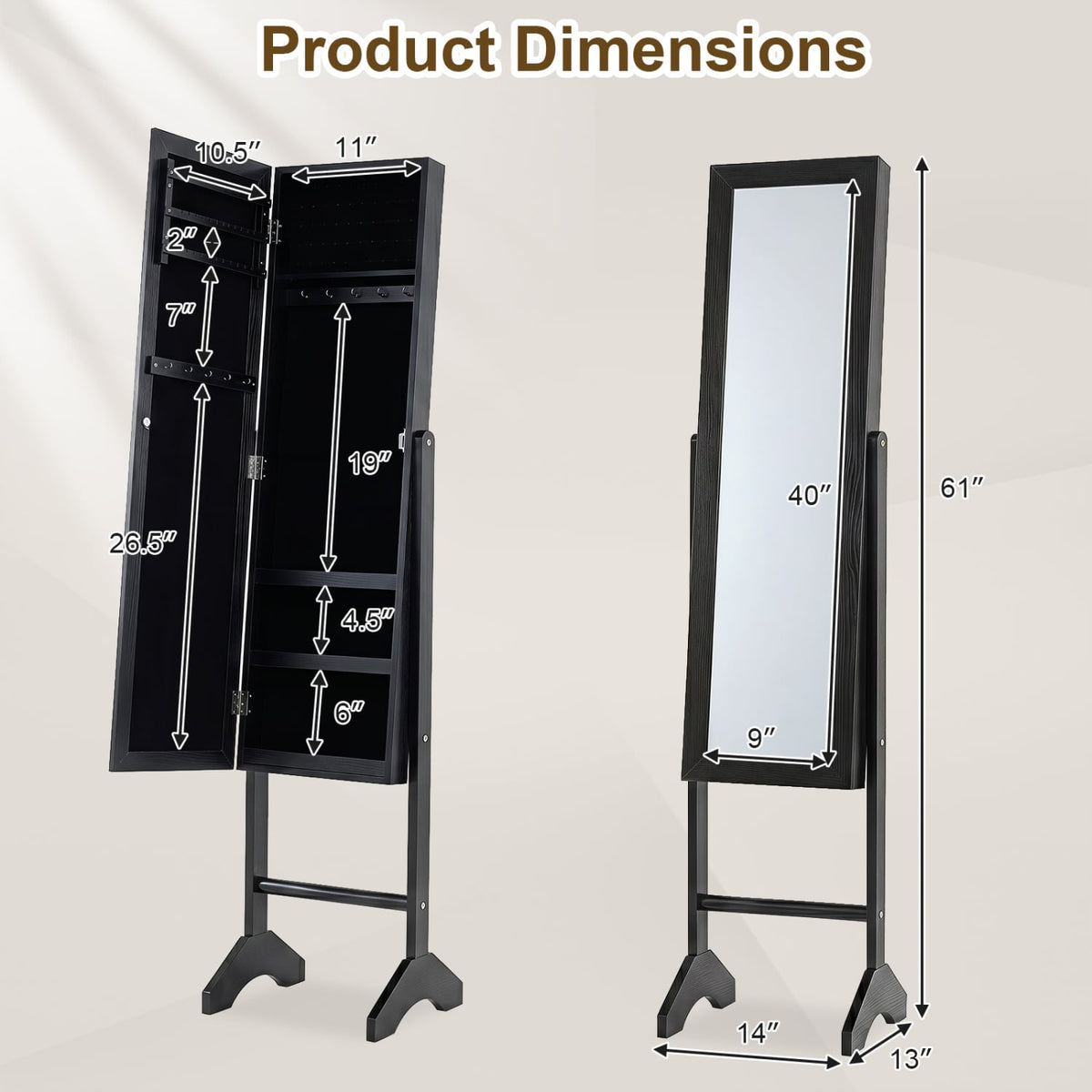 Freestanding Jewelry Armoire with Velvet Lining and Full Length Mirror-Black view 4