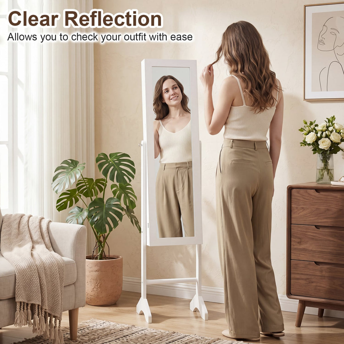 Freestanding Jewelry Armoire with Velvet Lining and Full Length Mirror-White view 7
