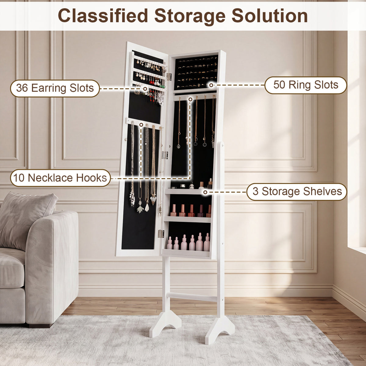 Freestanding Jewelry Armoire with Velvet Lining and Full Length Mirror-White view 8