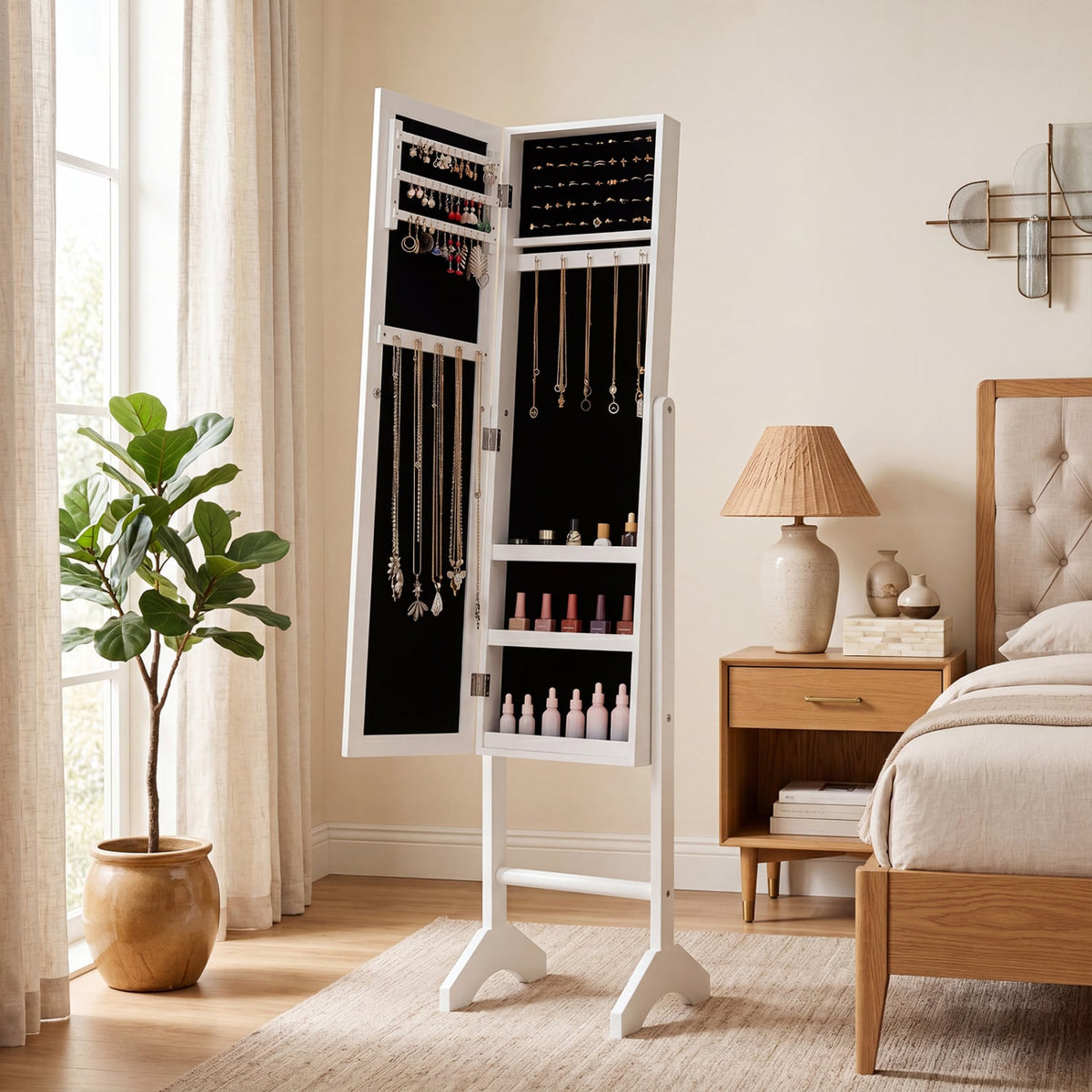 Freestanding Jewelry Armoire with Velvet Lining and Full Length Mirror-White view 2