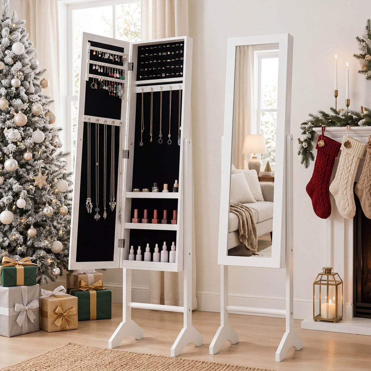 Freestanding Jewelry Armoire with Velvet Lining and Full Length Mirror-White view 5
