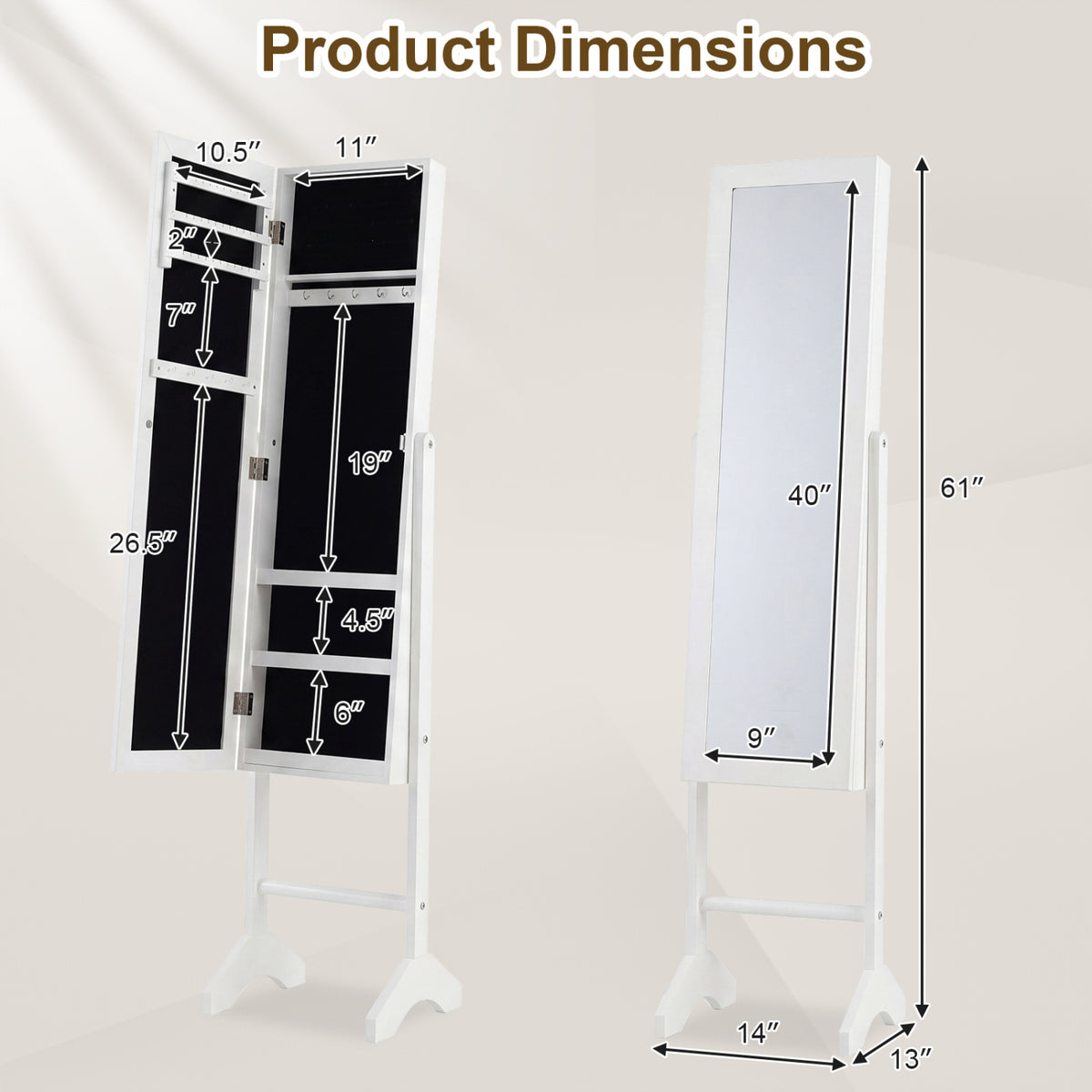 Freestanding Jewelry Armoire with Velvet Lining and Full Length Mirror-White view 4