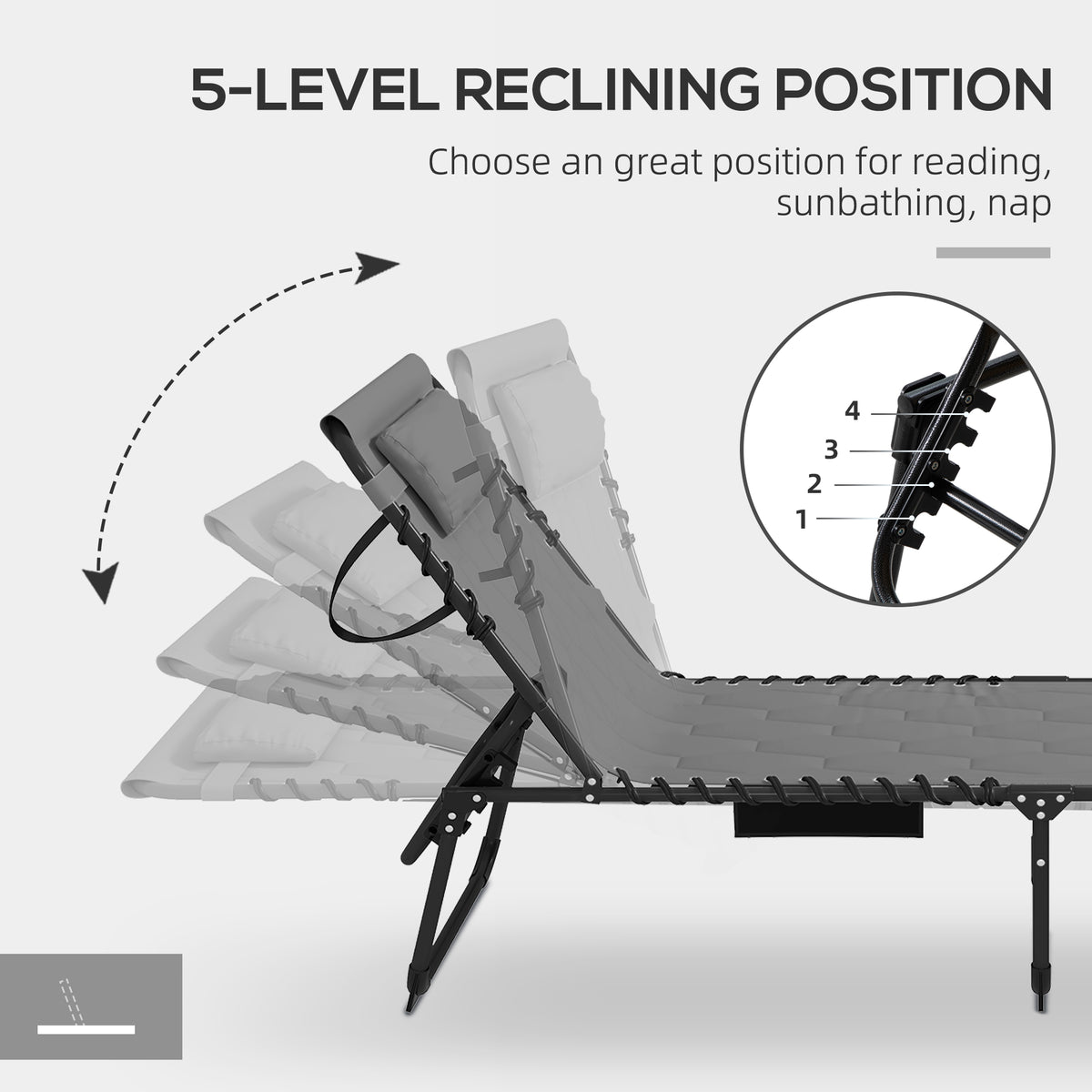 Folding Chaise Lounge with Reclining Back, 25.6" x 74" x 14.2", Grey