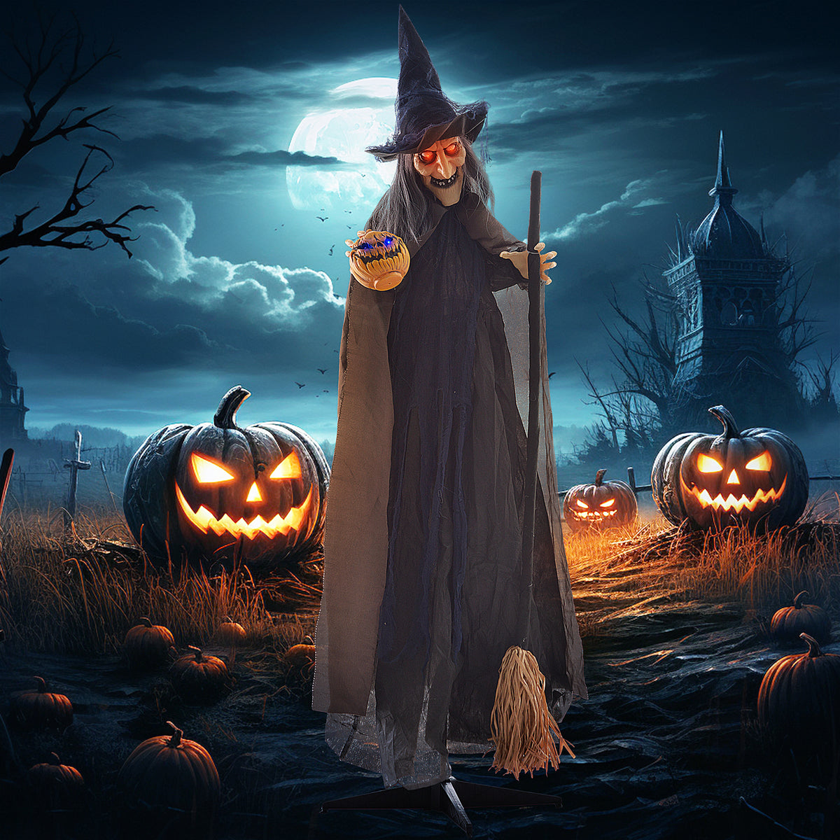 6.2' Life Size Decoration Animatronic Witch w/ Broomstick Outdoor Halloween, Sound & Motion Activated w/ Light Up Eyes