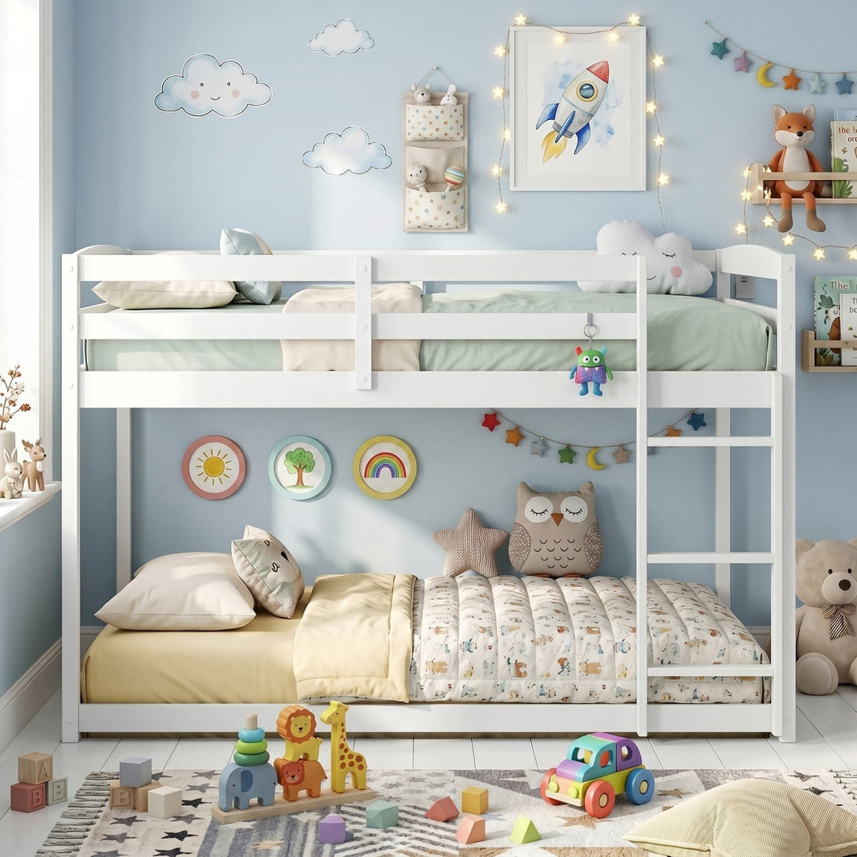 Full Over Full Bunk Bed with Integrated Ladder and Safety Guardrails Solid Wood-White view 3