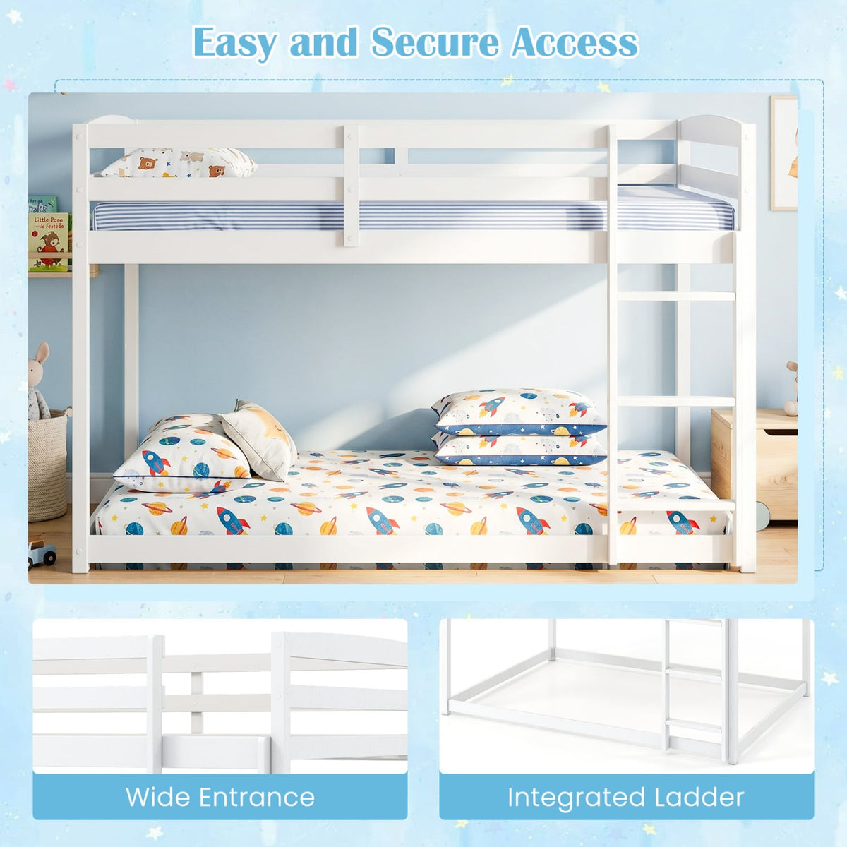 Full Over Full Bunk Bed with Integrated Ladder and Safety Guardrails Solid Wood-White view 9