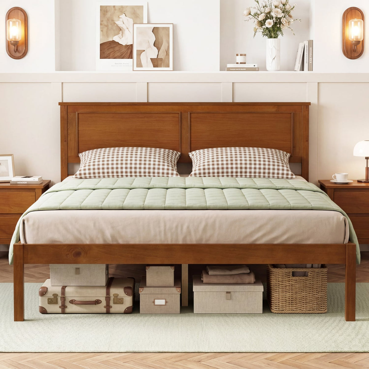 Full/Queen/Twin Size Bed Frame Farmhouse Wooden Platform Bed with Headboard-Full Size view 3
