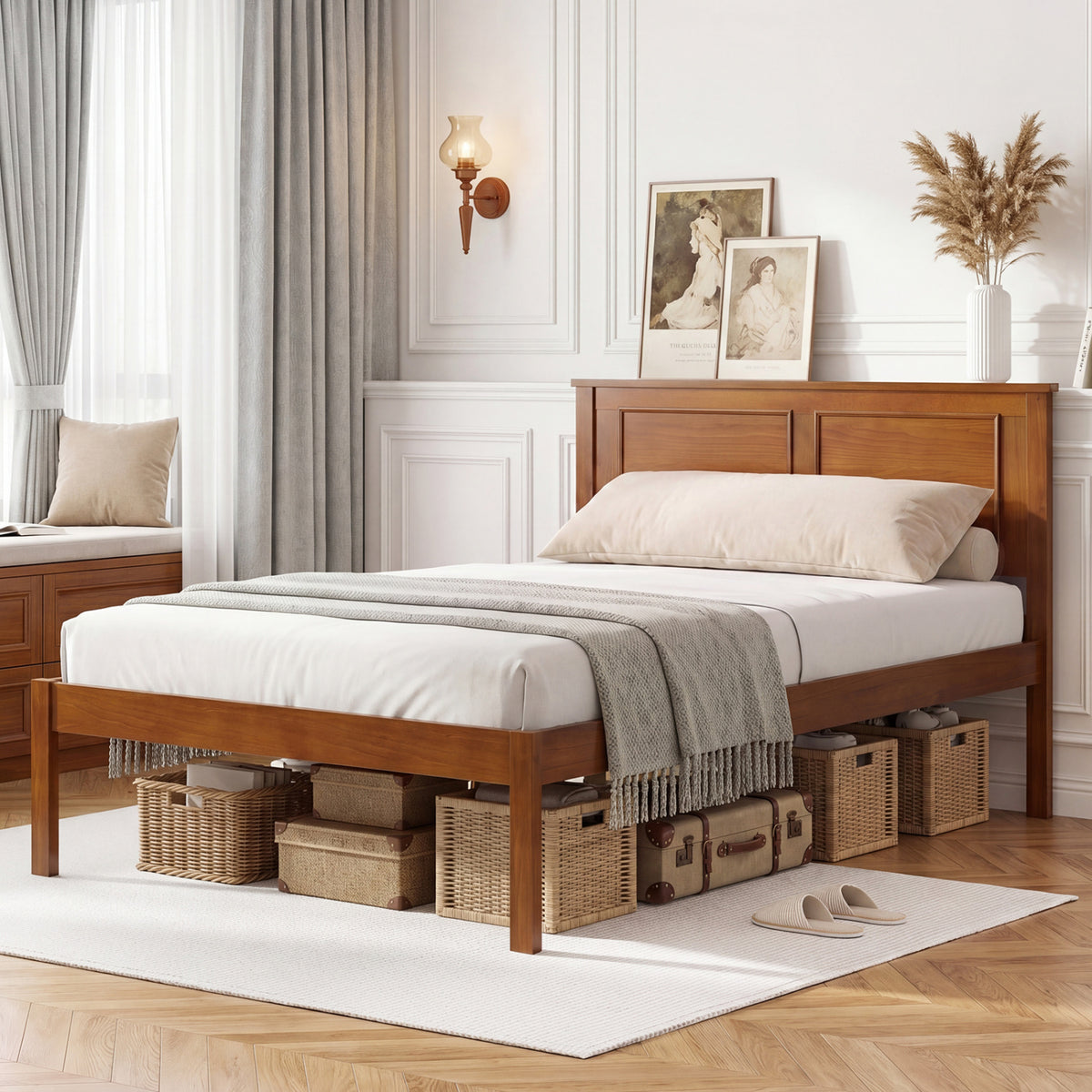 Full/Queen/Twin Size Bed Frame Farmhouse Wooden Platform Bed with Headboard-Twin Size view 2