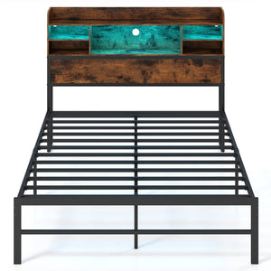 Full Size Bed Frame with Headboard LED Lights and Charging Station-Rustic Brown